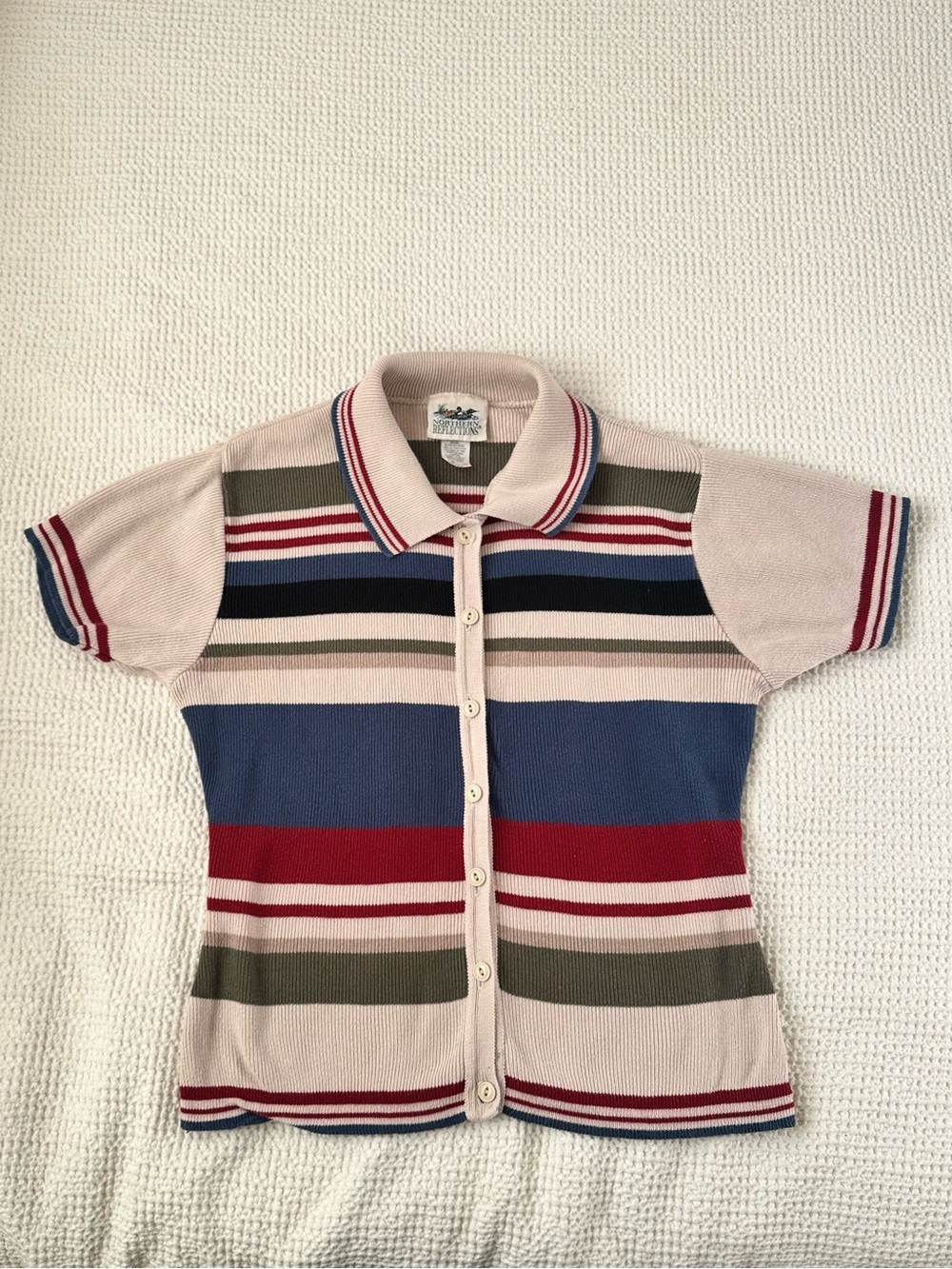 Vintage Striped Knit Button-Up Polo in Pink, Blue & Red